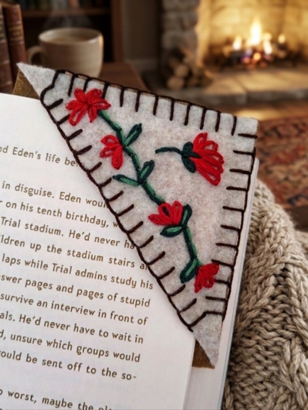 Handmade Embroidered Bookmark- Red Floral